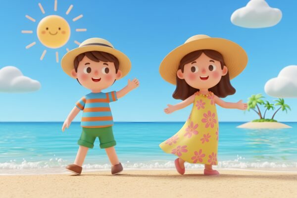 3D cartoon characters walking in opposite directions with small waves bright outdoor scene colorful clothing smooth 3D render emotional but positive tone