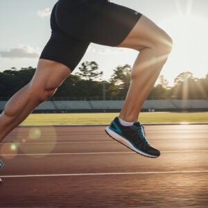 Athlete’s toned leg in mid stride strong muscle definition realistic motion blur fitness photography style