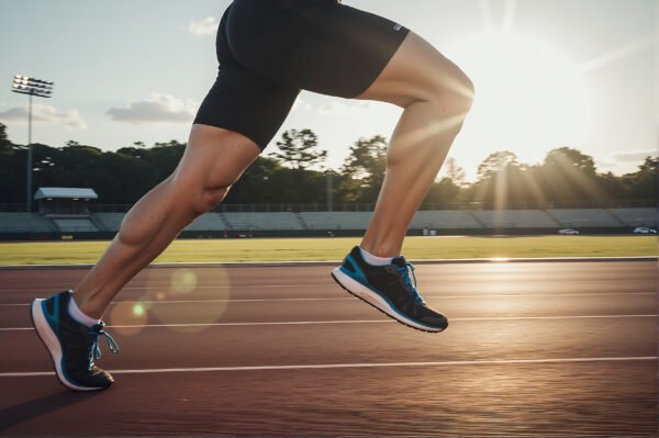 Athlete’s toned leg in mid stride strong muscle definition realistic motion blur fitness photography style