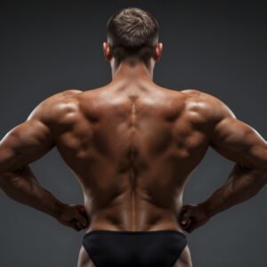 Back facing view of a male bodybuilder flexing lats and shoulders high detail skin texture sharp studio lighting 2