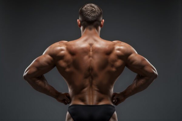 Back facing view of a male bodybuilder flexing lats and shoulders high detail skin texture sharp studio lighting 2