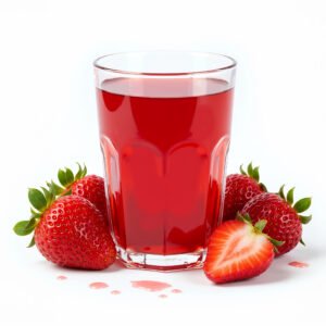 Bright red strawberry juice in a transparent glass fresh strawberries beside it soft diffused lighting isolated on white background