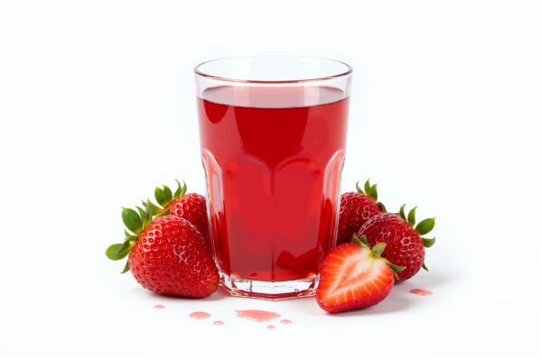 Bright red strawberry juice in a transparent glass fresh strawberries beside it soft diffused lighting isolated on white background