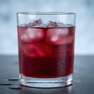 Cold cranberry juice with condensation on the glass rich red color minimal composition realistic high detail product photo