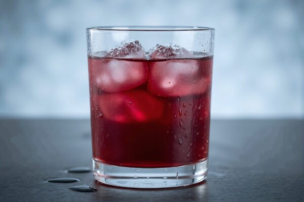 Cold cranberry juice with condensation on the glass rich red color minimal composition realistic high detail product photo
