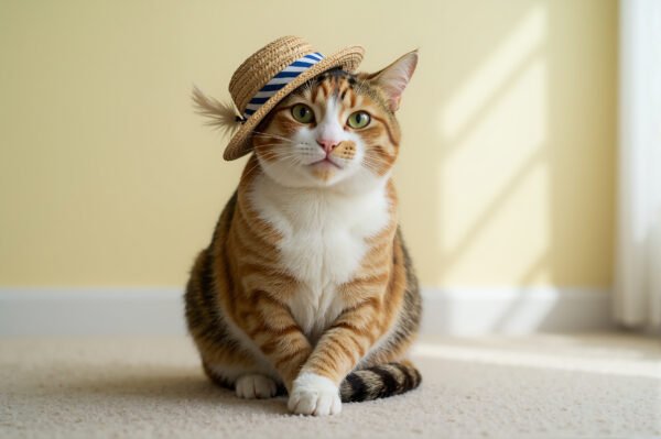 Download this cute cat photo featuring a small hat and soft lighting, ideal for pet blogs, humorous content, greeting cards, and playful design projects.