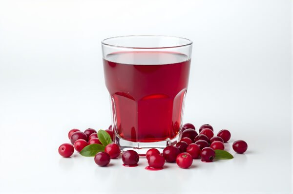 Deep red cranberry juice in a glass tumbler scattered fresh cranberries around base bright studio light pure white background