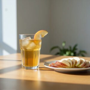 Fresh apple juice in a clear glass next to sliced apples natural daylight crisp texture detail clean minimalist composition