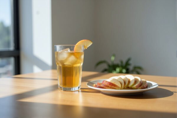Fresh apple juice in a clear glass next to sliced apples natural daylight crisp texture detail clean minimalist composition