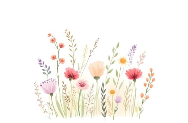 Download this loose watercolor wildflower bouquet in pastel tones, perfect for wedding stationery, wall art, botanical prints, and soft feminine designs.