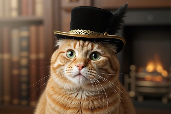 Download this orange tabby cat photo wearing a fancy top hat, ideal for humorous pet content, creative posters, and playful branding visuals.