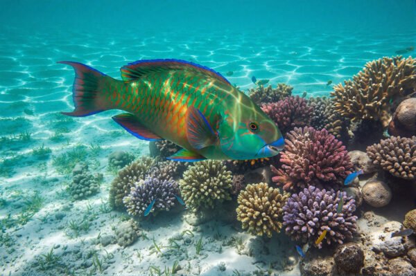 Parrot fish in shallow turquoise water near coral reef detailed texture and vivid colors high resolution marine photography