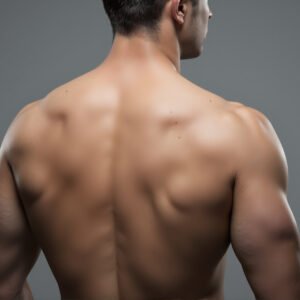Realistic close up of a muscular male back defined muscles and natural skin texture neutral studio background soft dramatic lighting