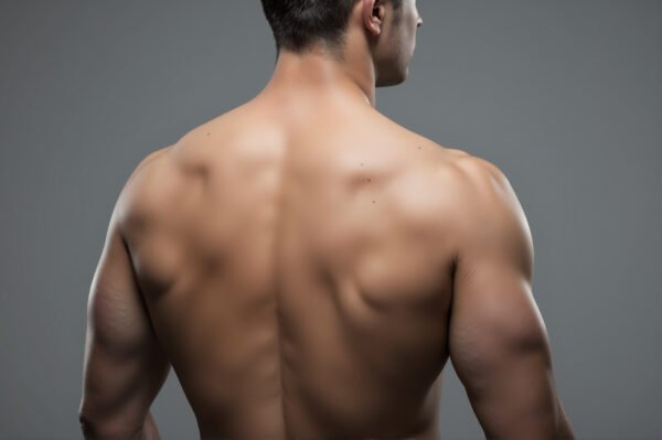 Realistic close up of a muscular male back defined muscles and natural skin texture neutral studio background soft dramatic lighting