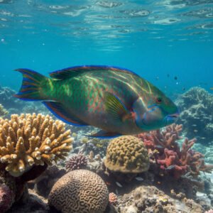 Realistic underwater close up of a colorful parrot fish swimming near coral vibrant scales clear tropical water natural sunlight filtering through the surface