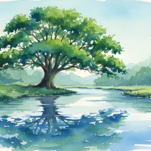 Single large tree beside a flowing river soft watercolor strokes blended greens and blues reflective water surface tranquil nature scene