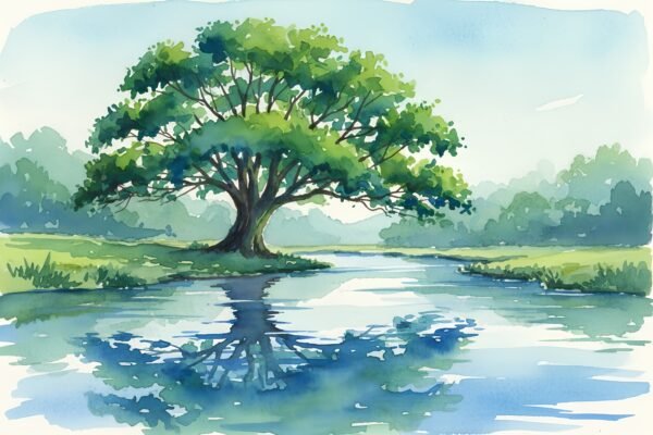 Single large tree beside a flowing river soft watercolor strokes blended greens and blues reflective water surface tranquil nature scene