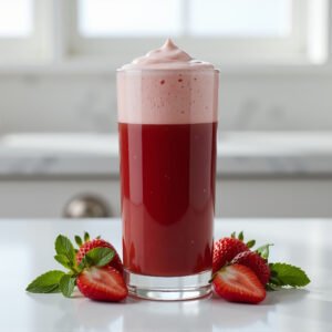 Smooth strawberry juice with frothy top served in clear glass vibrant red tone high resolution food photography clean soft shadow.