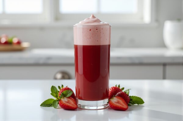 Smooth strawberry juice with frothy top served in clear glass vibrant red tone high resolution food photography clean soft shadow.