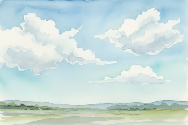 Download free soft watercolor sky scene with fluffy white clouds, ideal for dreamy backgrounds, light décor, atmospheric art, and calming design themes.