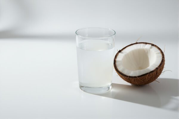 Transparent glass filled with coconut water placed beside a cracked coconut half white background soft natural shadows high resolution realism.