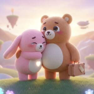 Two 3D cartoon characters sharing a warm hug before saying goodbye expressive faces smooth textures soft pastel lighting gentle emotional scene.
