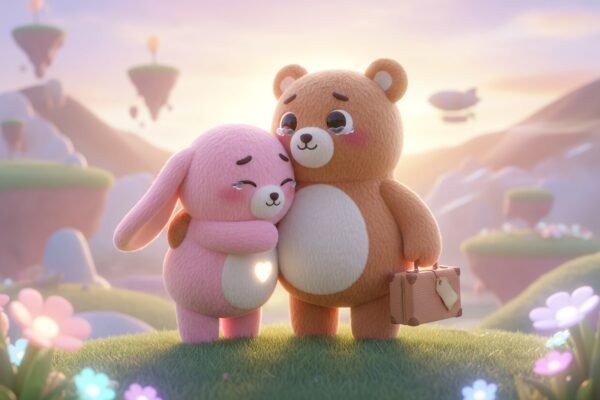 Two 3D cartoon characters sharing a warm hug before saying goodbye expressive faces smooth textures soft pastel lighting gentle emotional scene.