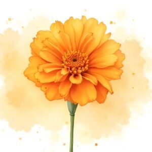 Warm orange marigold watercolor painting with soft layered petals loose brushwork subtle splatter accents isolated on clean white background