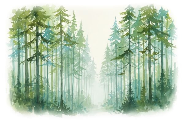 Download free atmospheric watercolor forest scene with soft fog and layered greens, perfect for nature prints, calming décor, and botanical artwork.