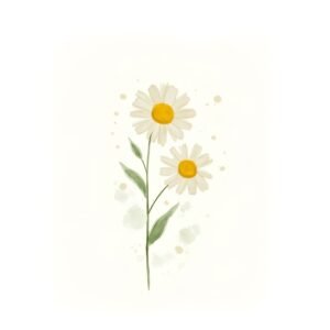 Watercolor illustration of a white daisy with a soft yellow center loose brush strokes subtle shading light splatter texture minimal composition on clean white background