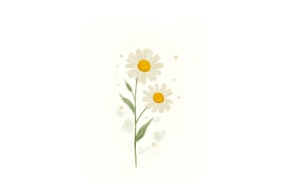 Watercolor illustration of a white daisy with a soft yellow center loose brush strokes subtle shading light splatter texture minimal composition on clean white background