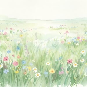 Watercolor meadow filled with soft green grass and scattered wildflowers pastel tones airy composition loose botanical strokes bright daylight