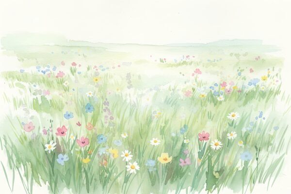 Watercolor meadow filled with soft green grass and scattered wildflowers pastel tones airy composition loose botanical strokes bright daylight