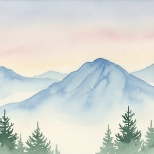 Watercolor painting of distant blue mountains fading into mist soft gradient sky gentle brush strokes light texture pine trees in the foreground airy and serene composition