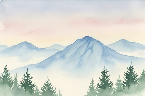 Watercolor painting of distant blue mountains fading into mist soft gradient sky gentle brush strokes light texture pine trees in the foreground airy and serene composition