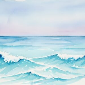 Watercolor seascape with soft blue waves white foam highlights light sky wash gentle gradients loose artistic style minimal horizon line