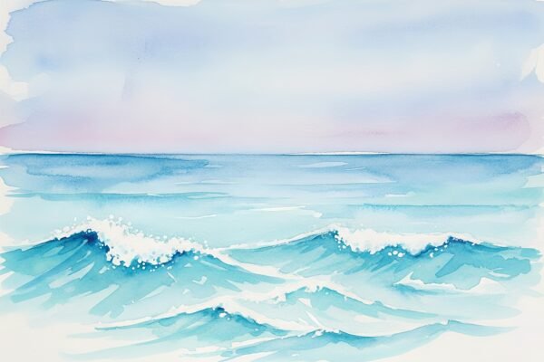 Watercolor seascape with soft blue waves white foam highlights light sky wash gentle gradients loose artistic style minimal horizon line