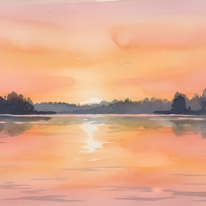 Watercolor sunset scene reflecting warm orange and pink tones on a calm lake soft blending subtle ripples silhouetted trees along the shore dreamy atmosphere.