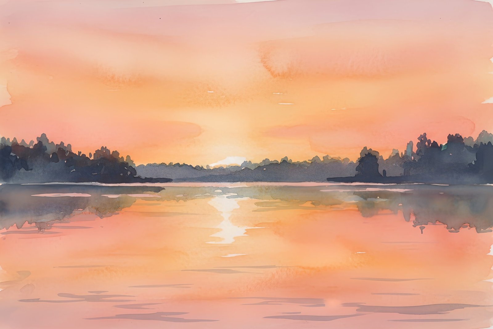 Watercolor sunset scene reflecting warm orange and pink tones on a calm lake soft blending subtle ripples silhouetted trees along the shore dreamy atmosphere.