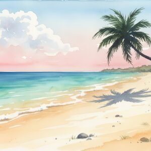 Watercolor tropical beach with turquoise water soft sandy foreground palm tree silhouette light sky gradient peaceful summer vibe