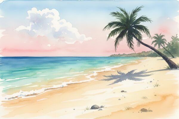 Watercolor tropical beach with turquoise water soft sandy foreground palm tree silhouette light sky gradient peaceful summer vibe