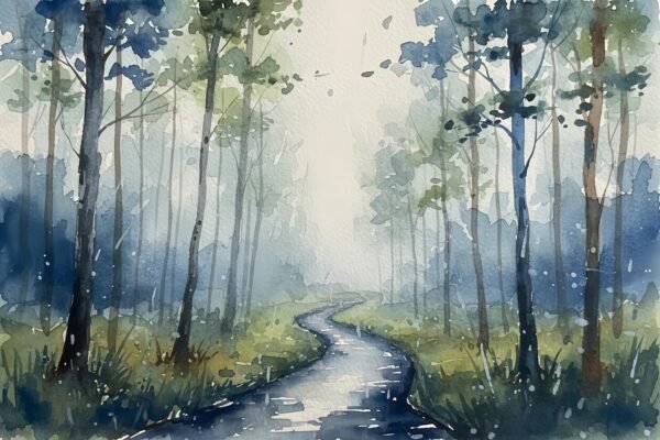 Download free misty watercolor woodland path illustration with rainy textures, ideal for calm artwork, atmospheric décor, nature & moody scenic designs.