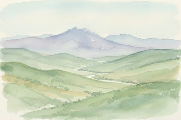 Download soft watercolor valley scene with rolling hills & pastel greens, perfect for calm artwork, nature décor, scenic prints & gentle landscape design.