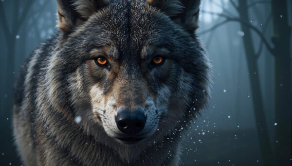 Close up of a wolf face with glowing eyes in low light. Snow or mist in the air. Dark moody background