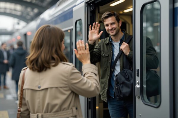 Couple Saying Goodbye at Train Station. emotional farewell moment