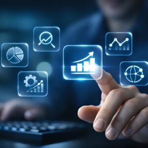 Human hand touching floating holographic data analytics icons such as charts and graphs glowing UI buttons blue tech lighting