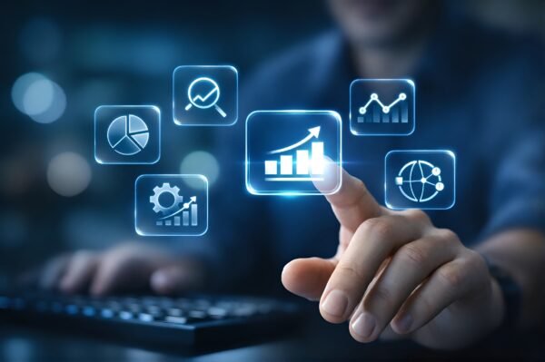 Human hand touching floating holographic data analytics icons such as charts and graphs glowing UI buttons blue tech lighting