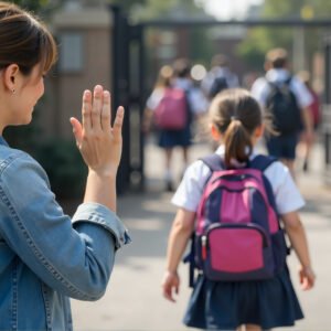 Mother Waving Goodbye at School Gate to her daughter emotional parent moment
