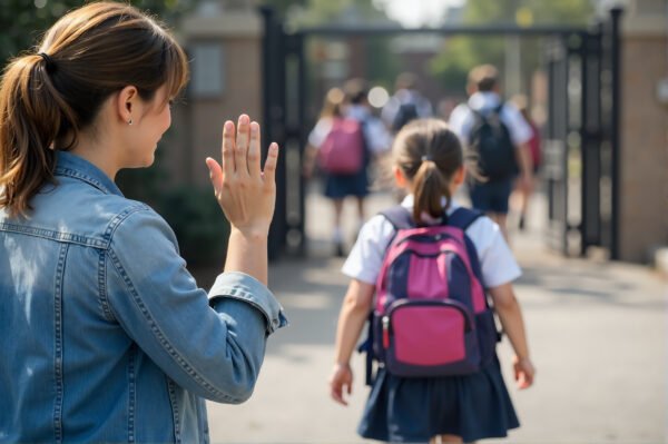 Mother Waving Goodbye at School Gate to her daughter emotional parent moment