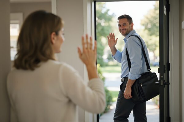Wife waving goodbye to husband at the entrance of their home before leaving to work